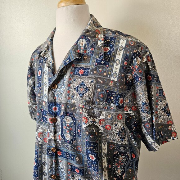 Vintage Handmade Cotton Hawaiian Mod Floral Ornate Mens Shirt L 60s Style - Picture 3 of 6